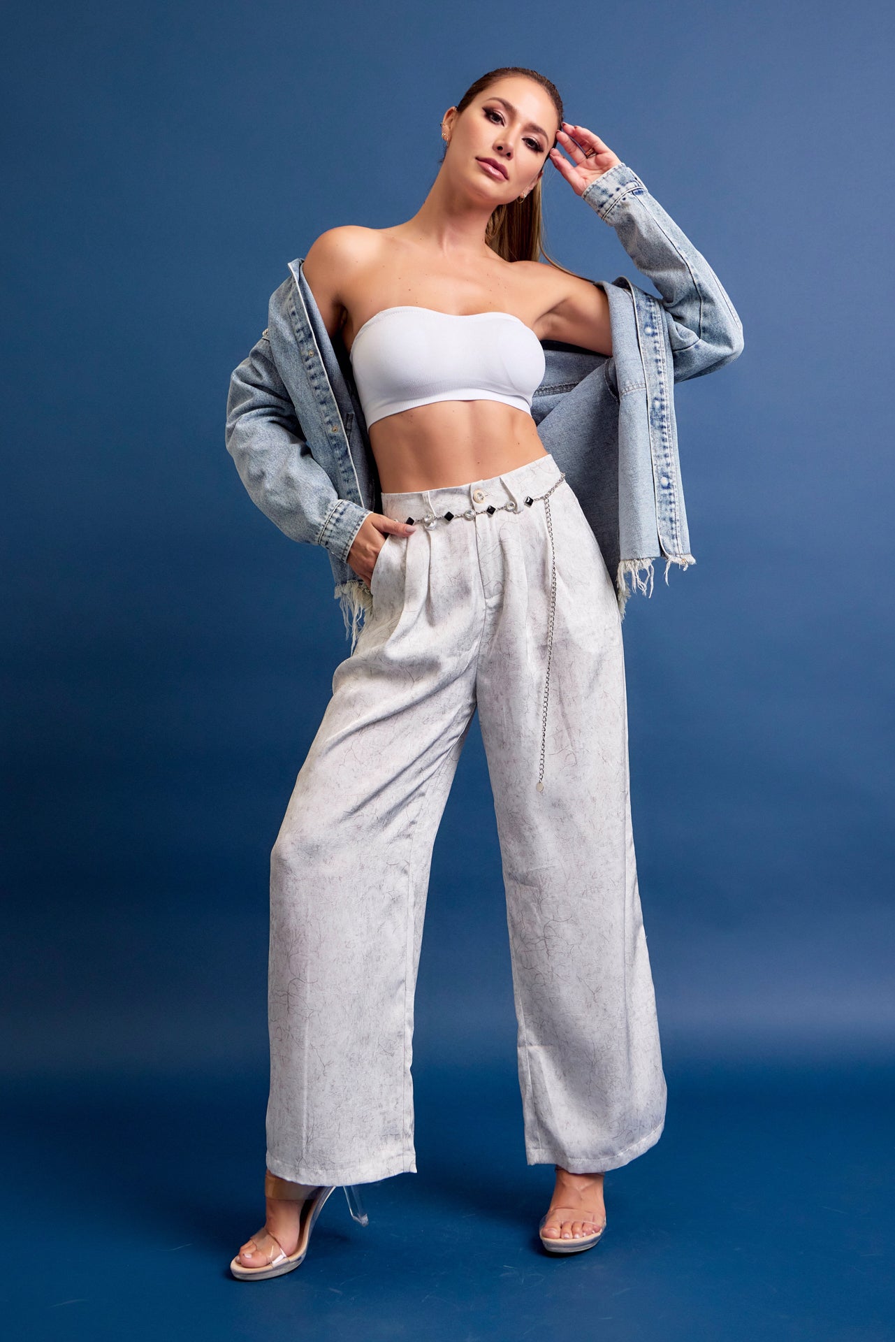 Crinkled Wide Leg Pants with Belt