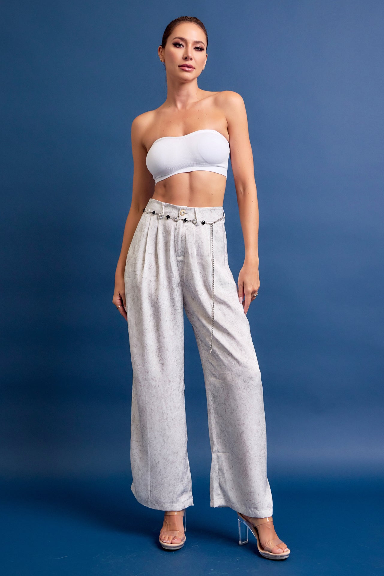 Crinkled Wide Leg Pants with Belt