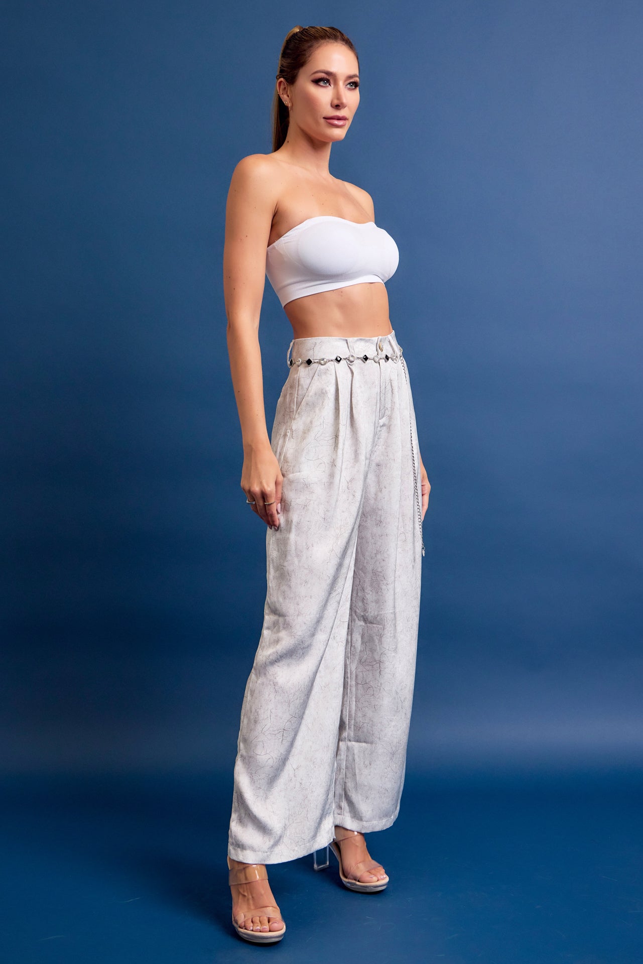 Crinkled Wide Leg Pants with Belt