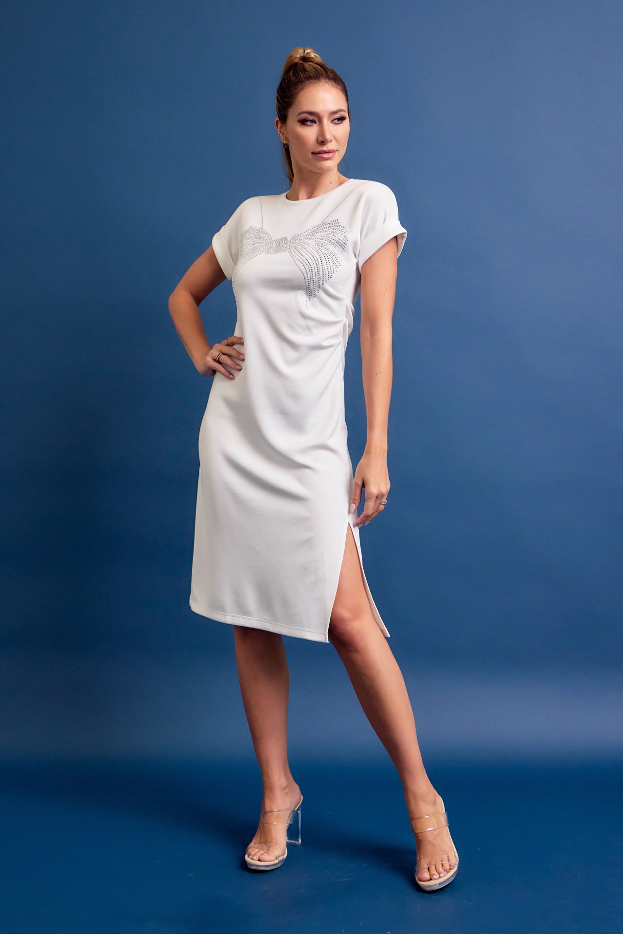 Natasha Knit Short Slveeve Dress with Ribbon Hot fix