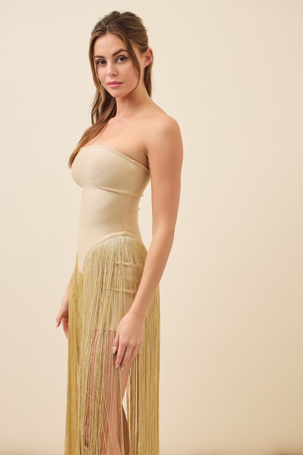 She Is a Winner Bandage Tube Romper With Fringe