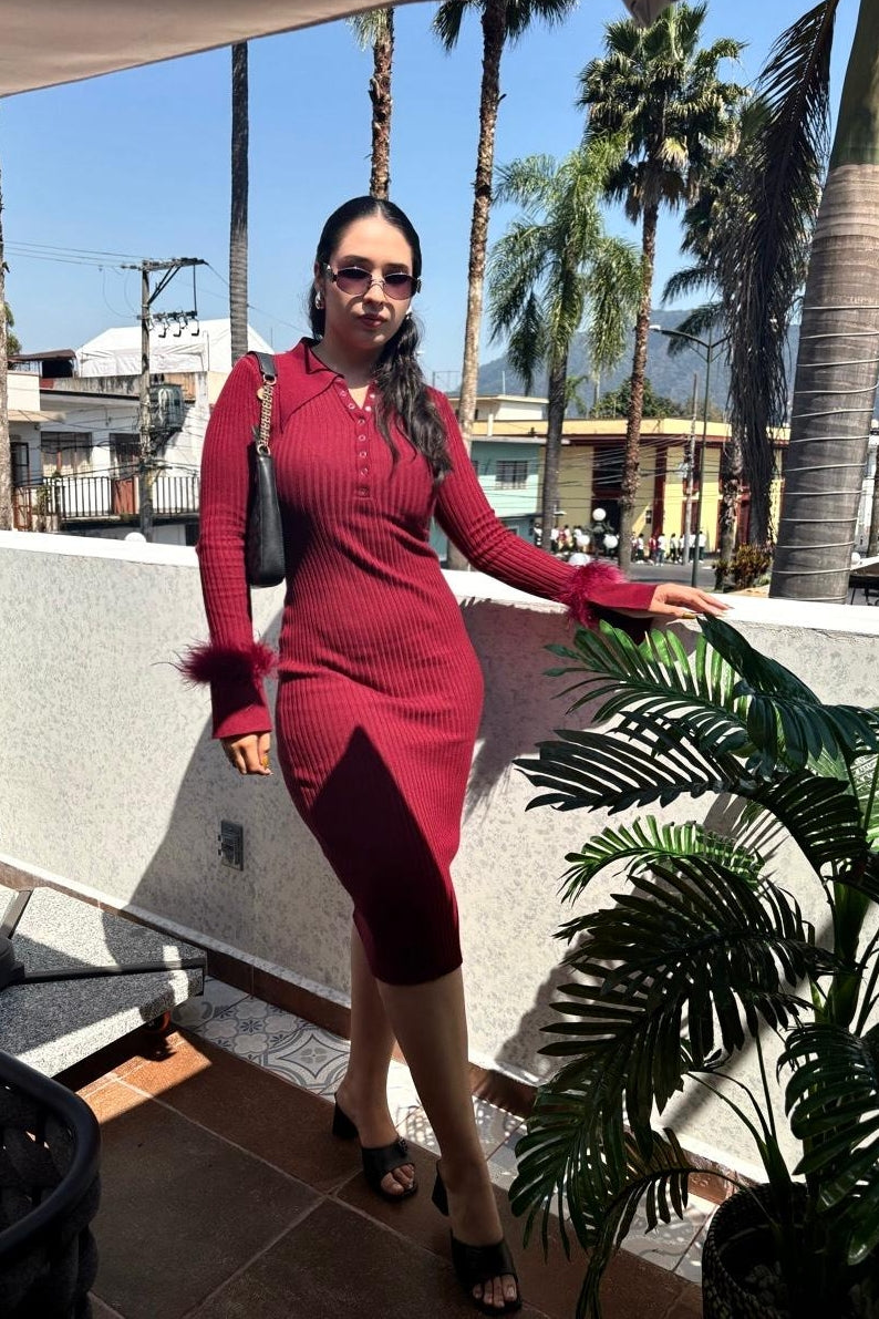 Just My Type Knit Dress with Long Collar and Feather Cuffs