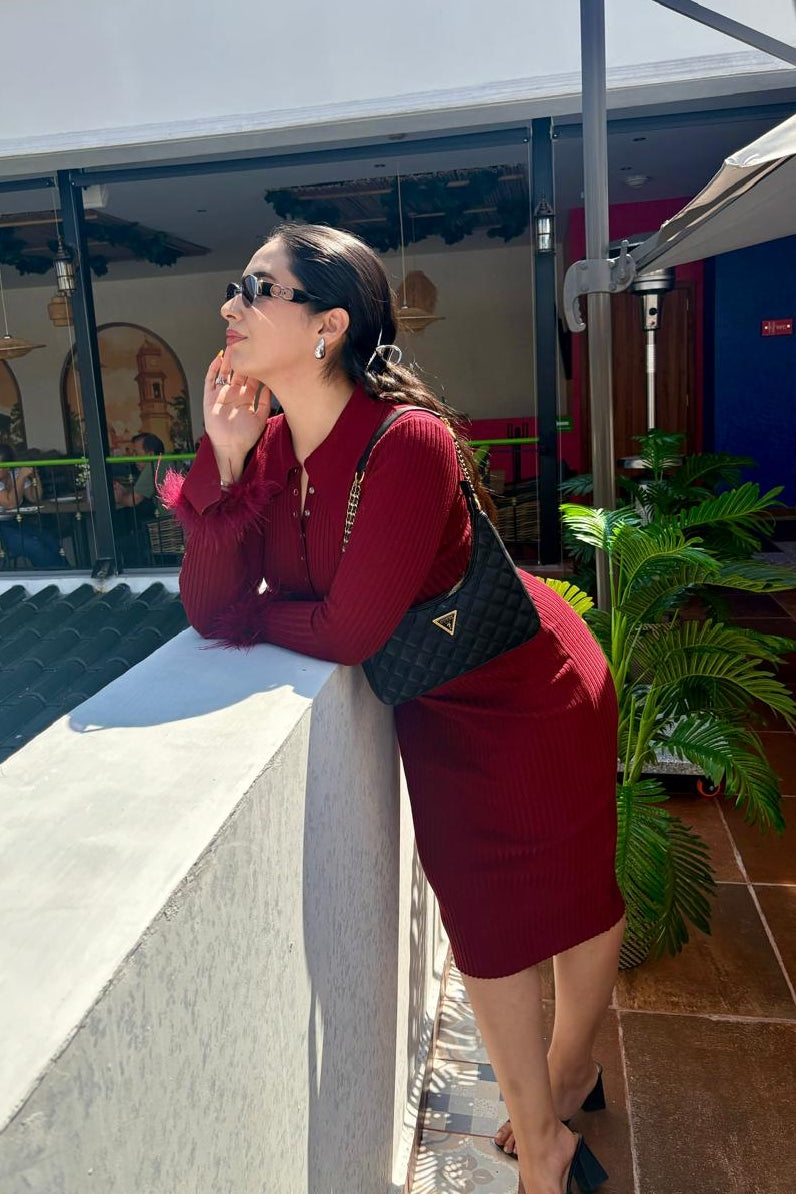 Just My Type Knit Dress with Long Collar and Feather Cuffs