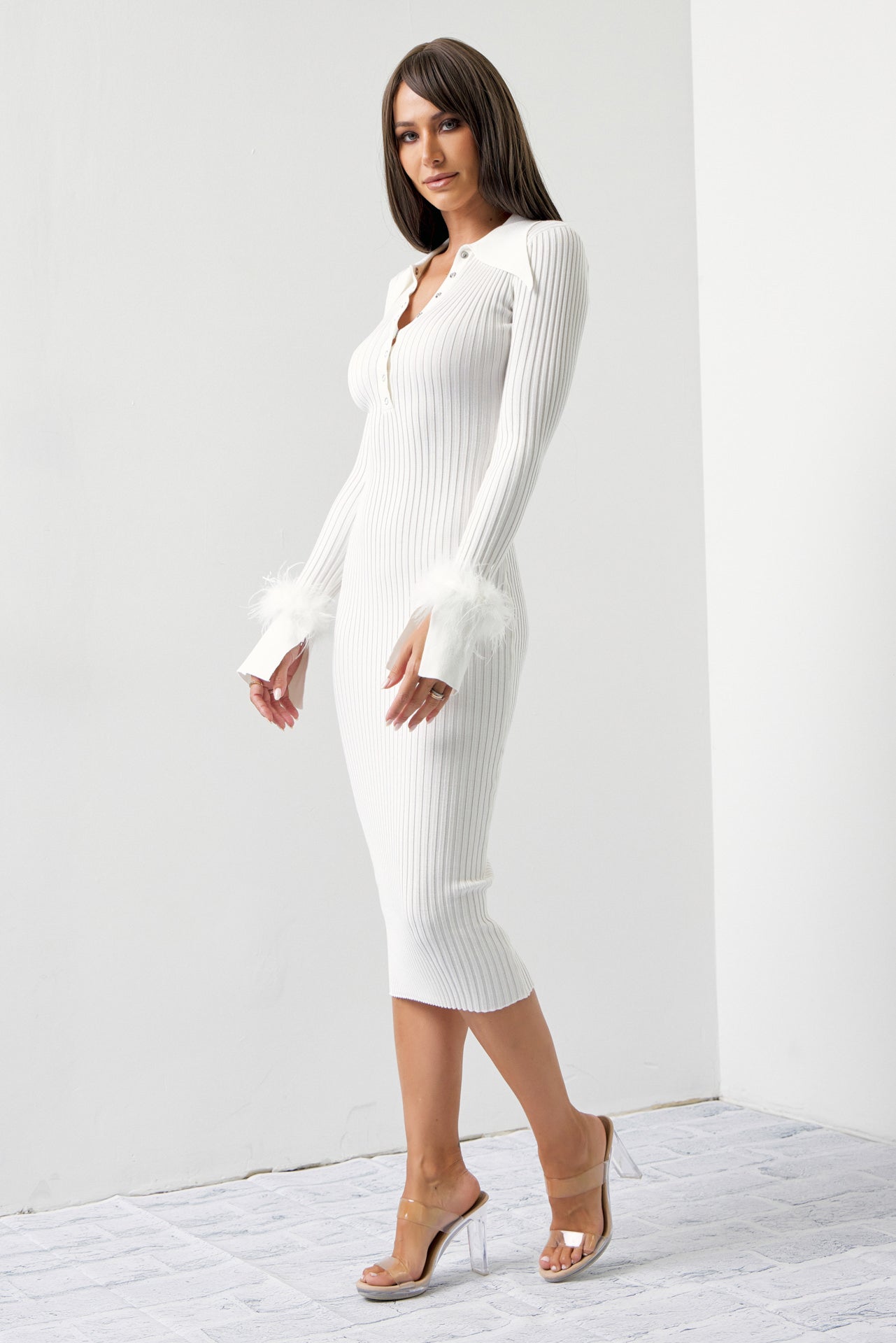 Just My Type Knit Dress with Long Collar and Feather Cuffs