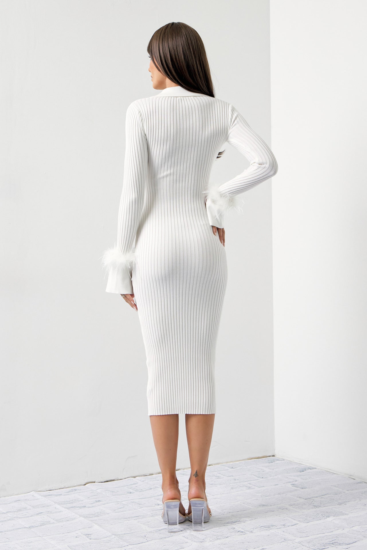 Just My Type Knit Dress with Long Collar and Feather Cuffs