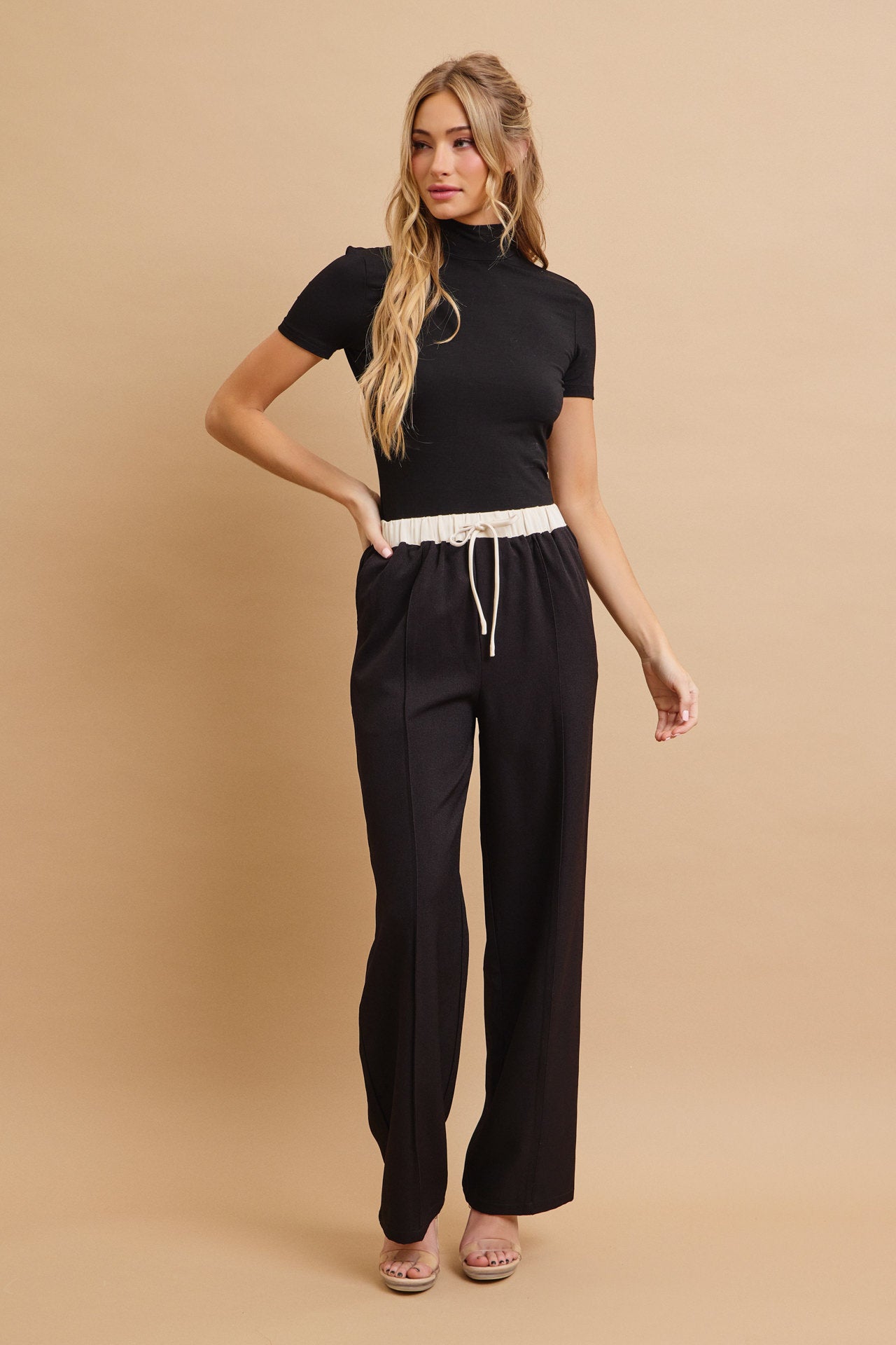 Zinnia Woven Pants with Contrast Waist Band and Drawstring