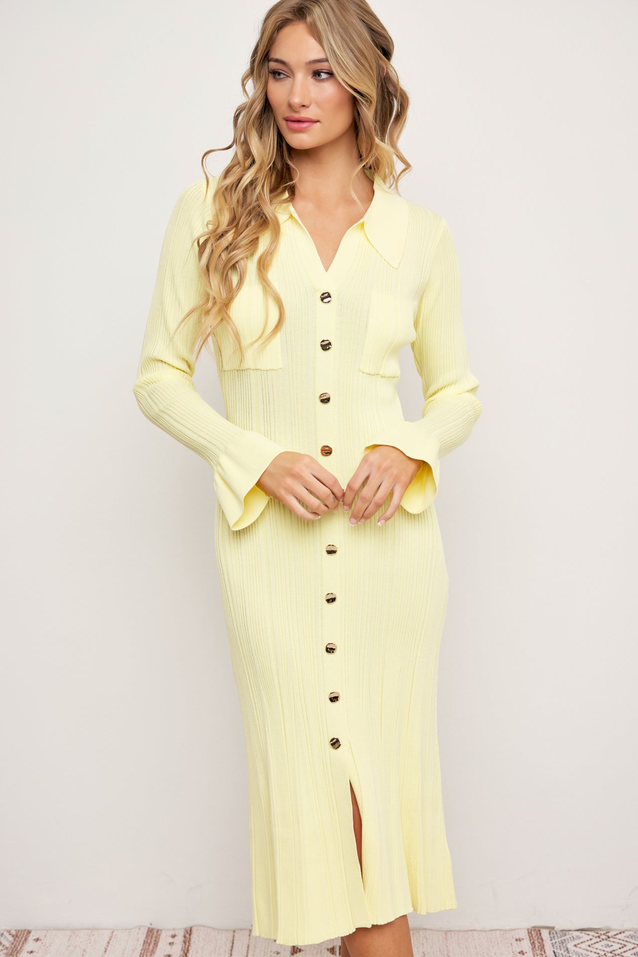 Cecilia Variegated Rib Knit Long Sleeve Collar Midi Dress