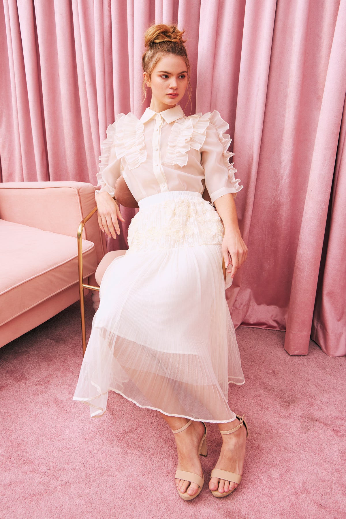 Blooming Flowers Mesh Detail Skirt