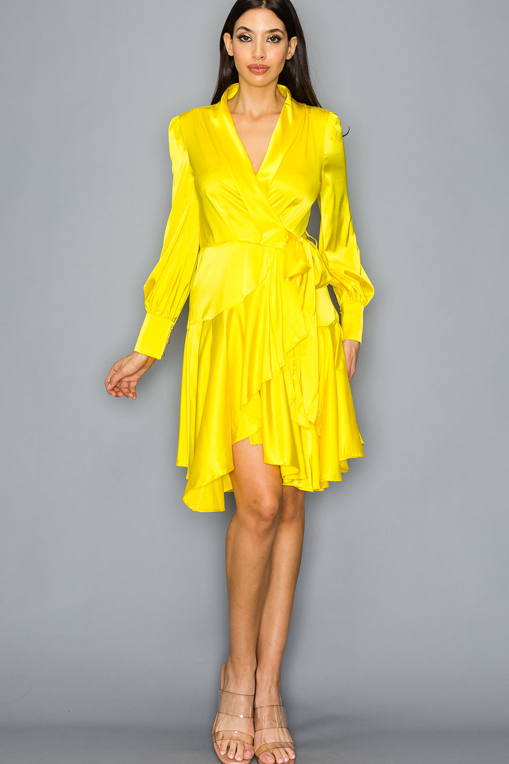 Satin Long Sleeve Wrap Dress