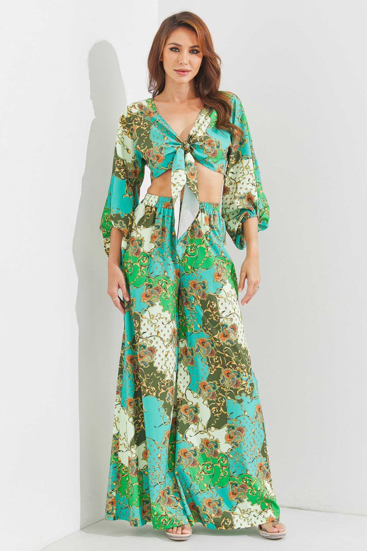 Woven Print 3/4 Sleeve Top and Pants Set