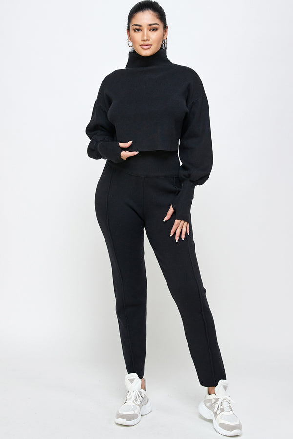 Turtle Neck Knit Top & Bottom Set