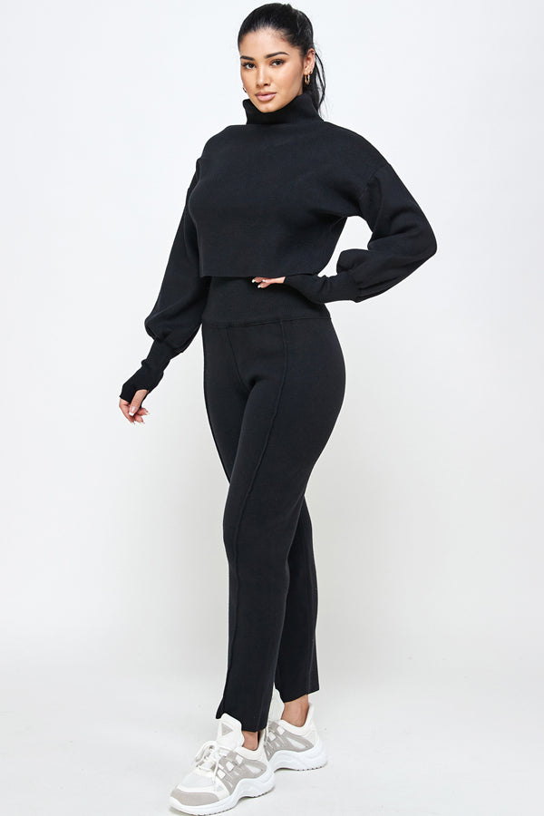 Turtle Neck Knit Top & Bottom Set
