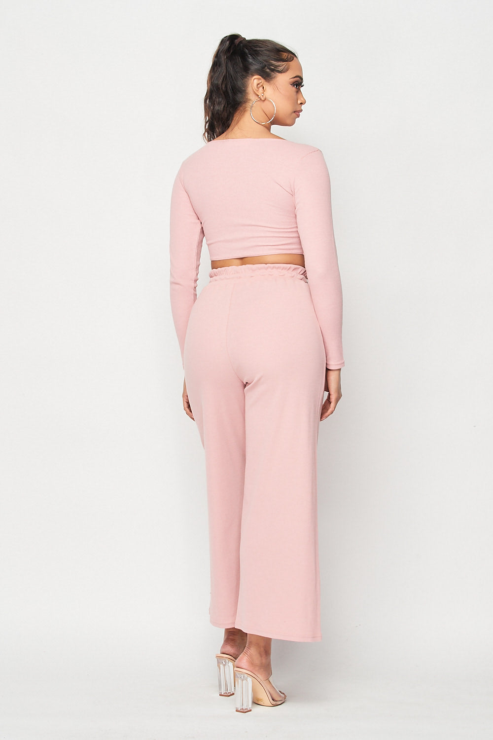 Solid Long Sleeve Crop Top and Wide Leg Pants Set