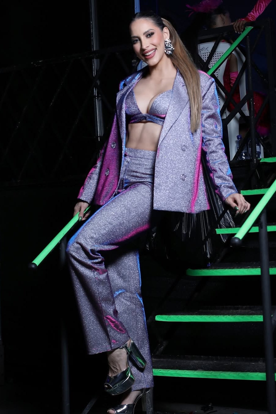 Woven Glitter Blazer, Bra Top and Pants Set