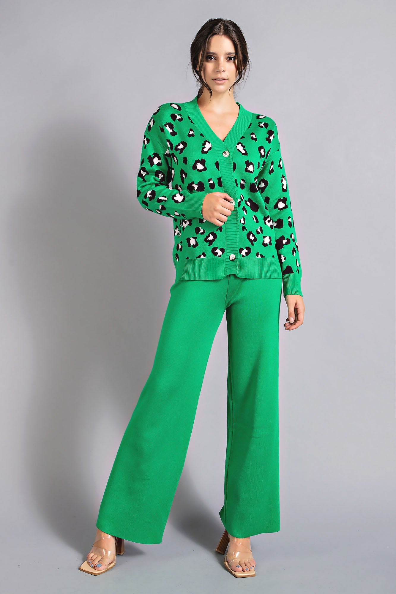 Leopard Knit Cardigan and Pants Set