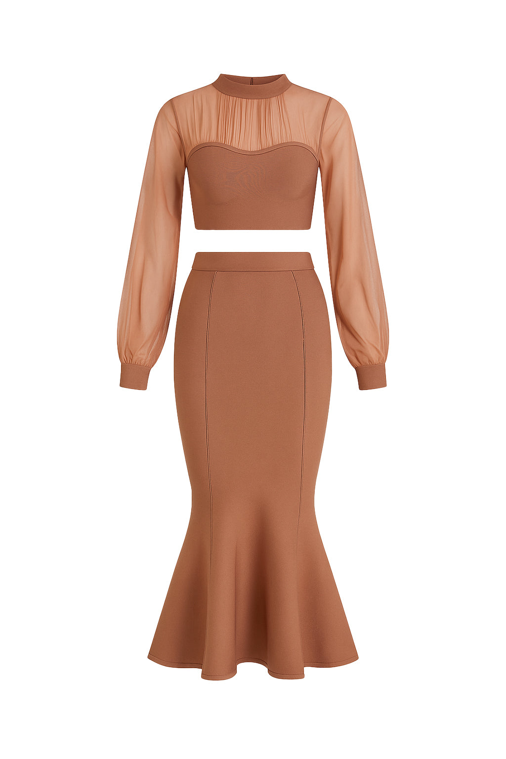 Bandage Long Sleeve Crop Top With Mesh and Fit and Flare Midi Skirt Set