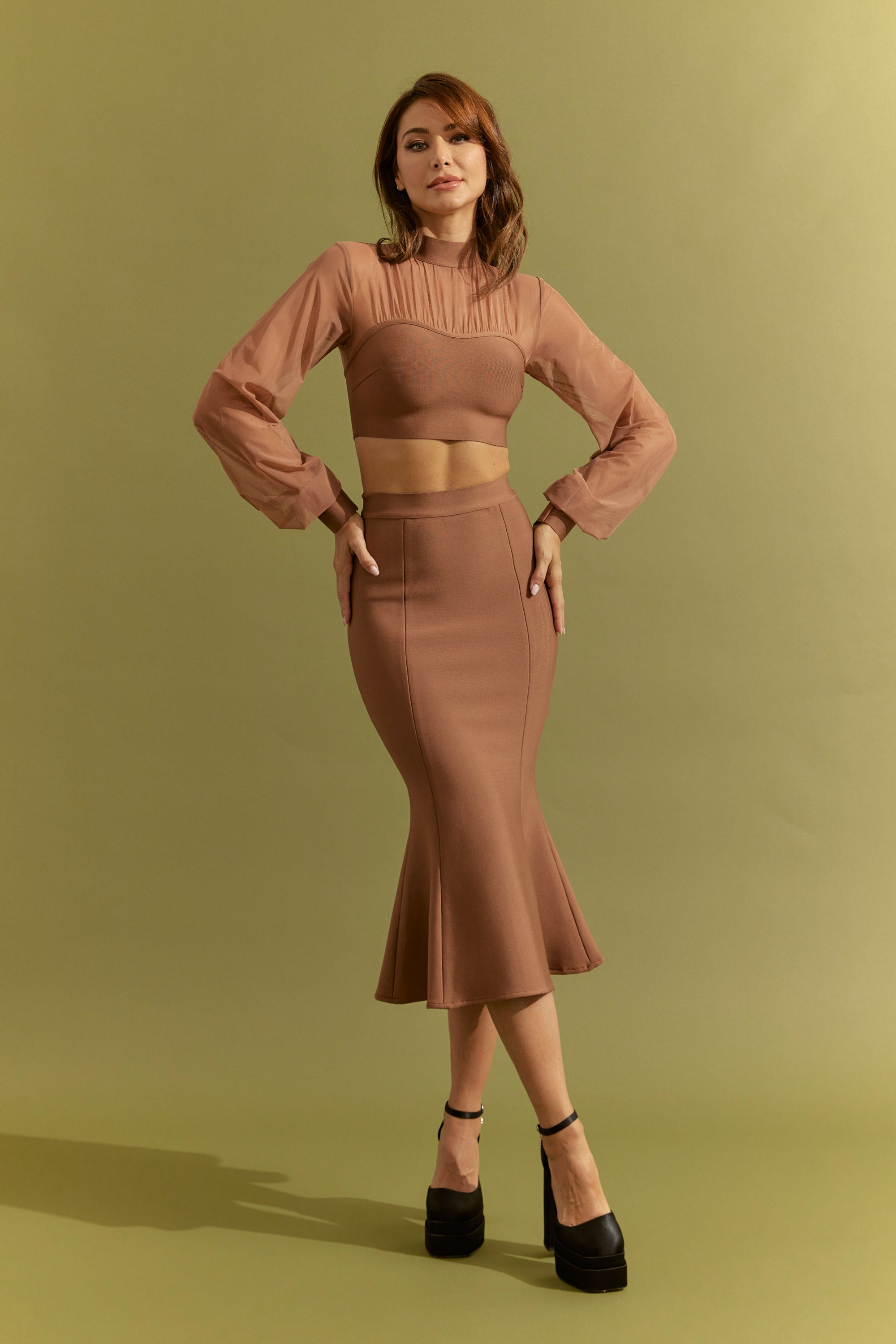 Bandage Long Sleeve Crop Top With Mesh and Fit and Flare Midi Skirt Set
