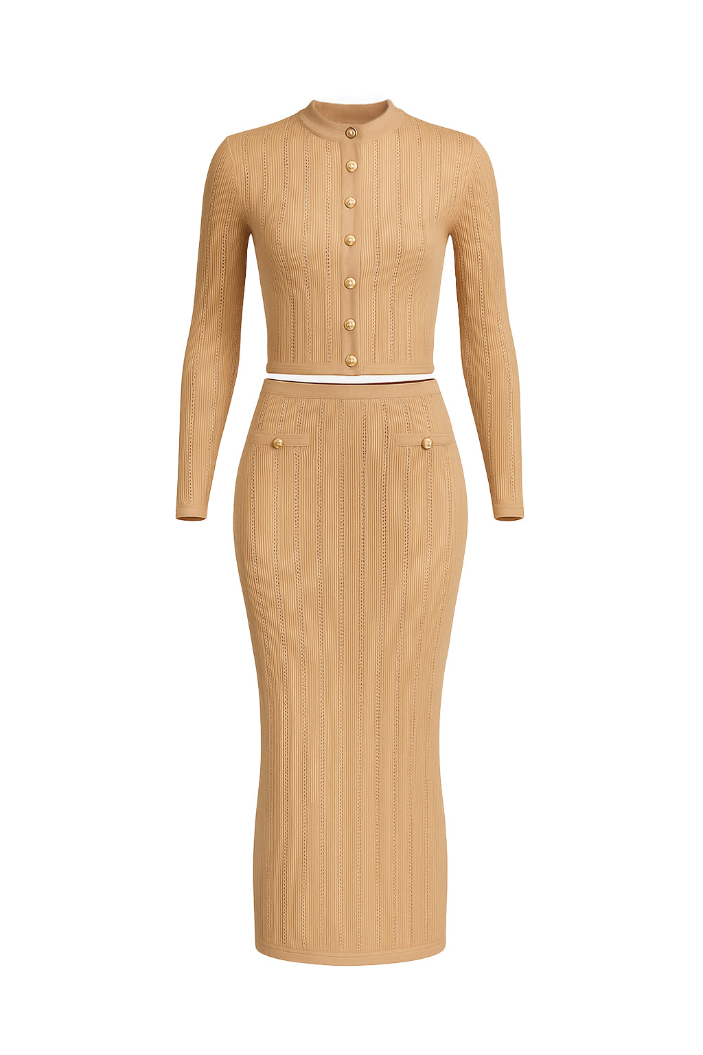 Knit Cardigan & Midi Skirt Set With Gold Buttons