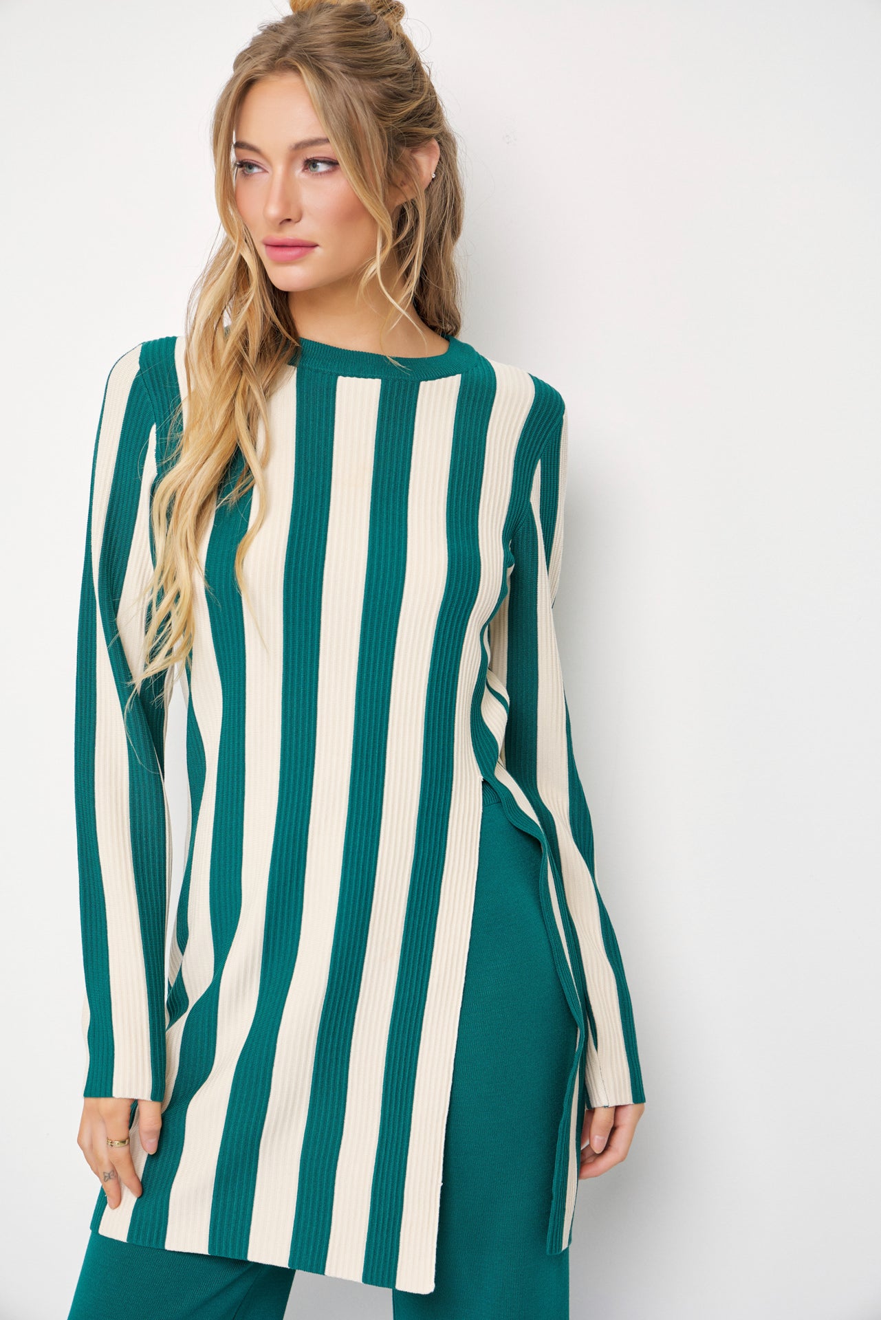 Clean Lines Knit Stripe Long Sleeve Top and Solid Pants Set