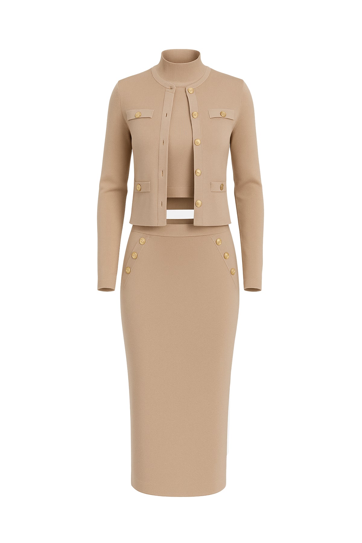 Raelyn Knit Cardigan and Sleeveless Mock Neck Top and Midi Skirt Set with Embossed Buttons