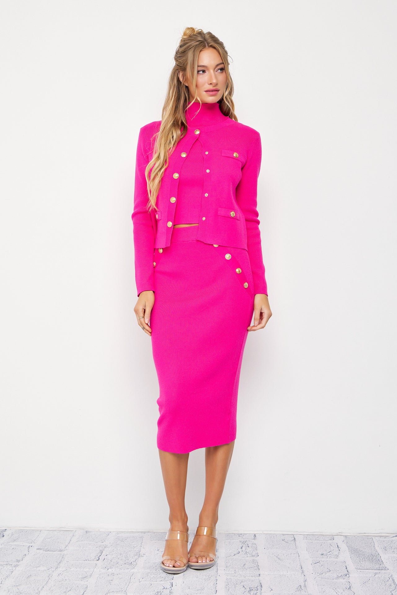 Raelyn Knit Cardigan and Sleeveless Mock Neck Top and Midi Skirt Set with Embossed Buttons