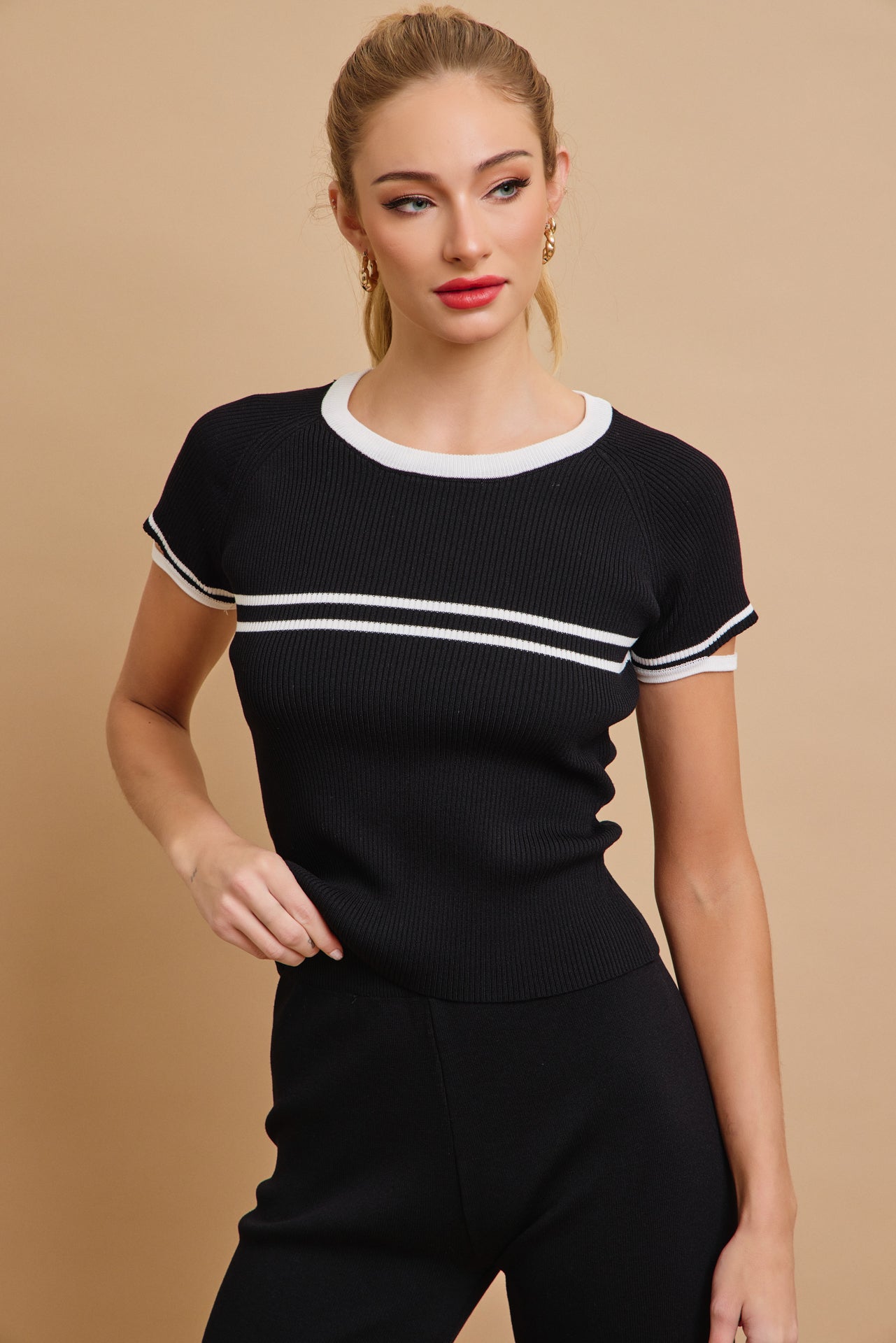 Ruby Knit Short Sleeve Stripe Top and Pants Set
