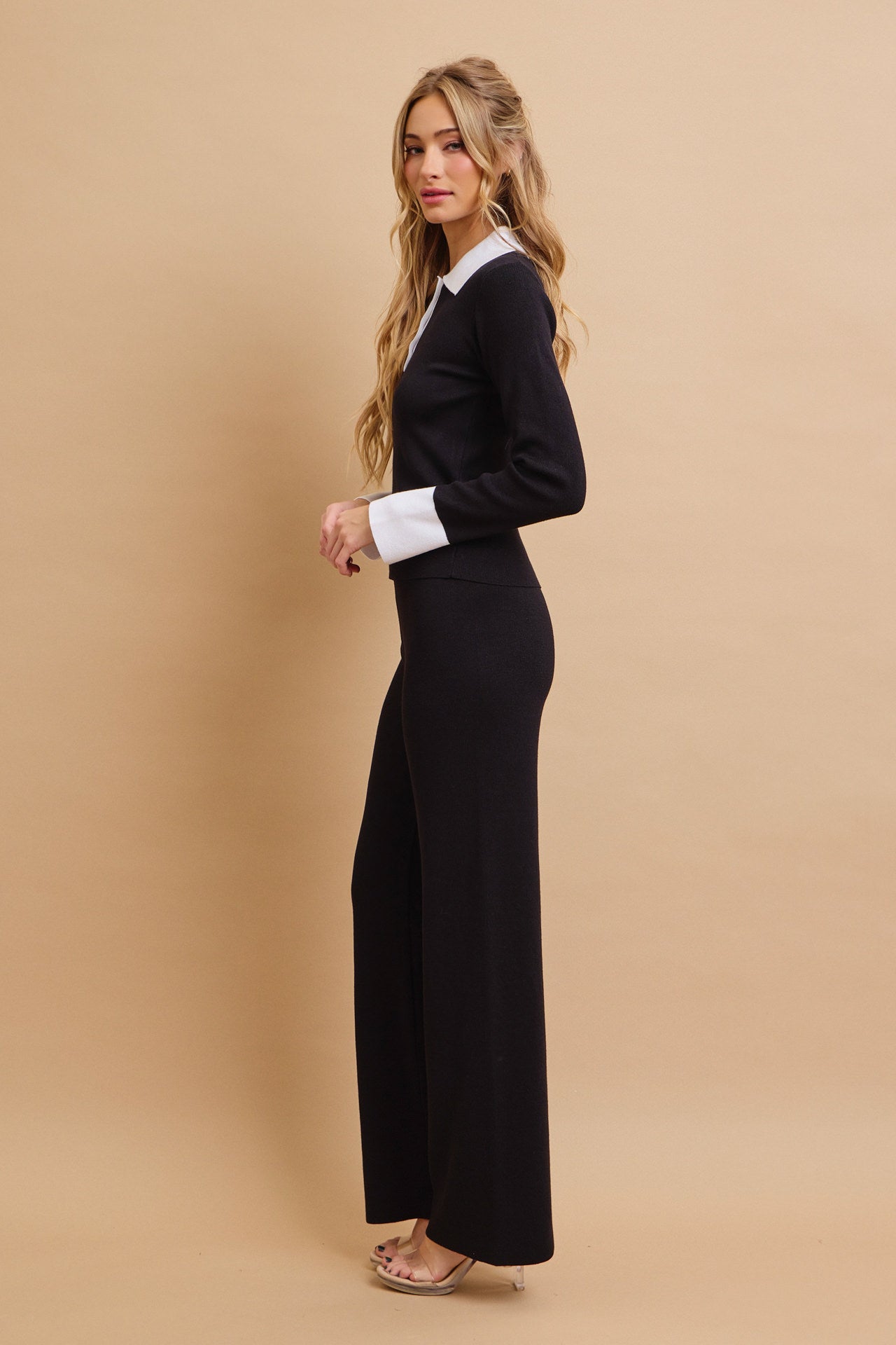 Classic Comfort Long Sleeve Top with Contrast and Pants Set