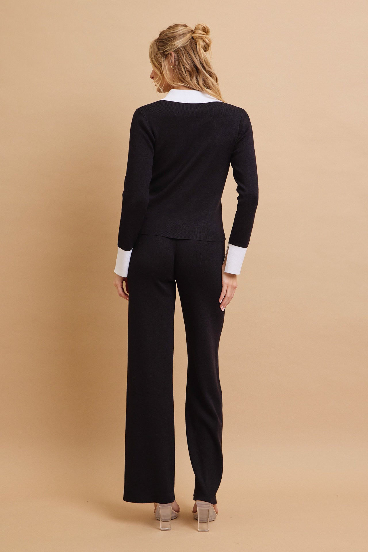 Classic Comfort Long Sleeve Top with Contrast and Pants Set