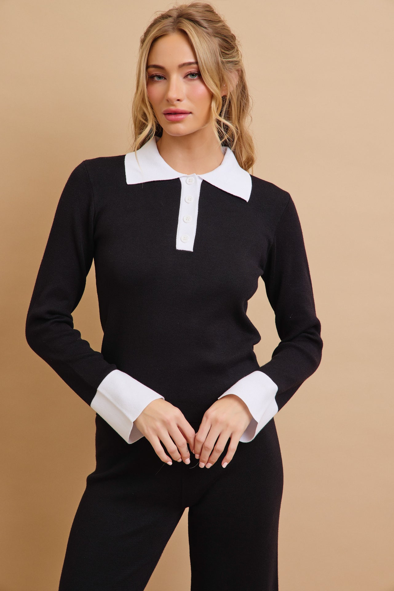 Classic Comfort Long Sleeve Top with Contrast and Pants Set