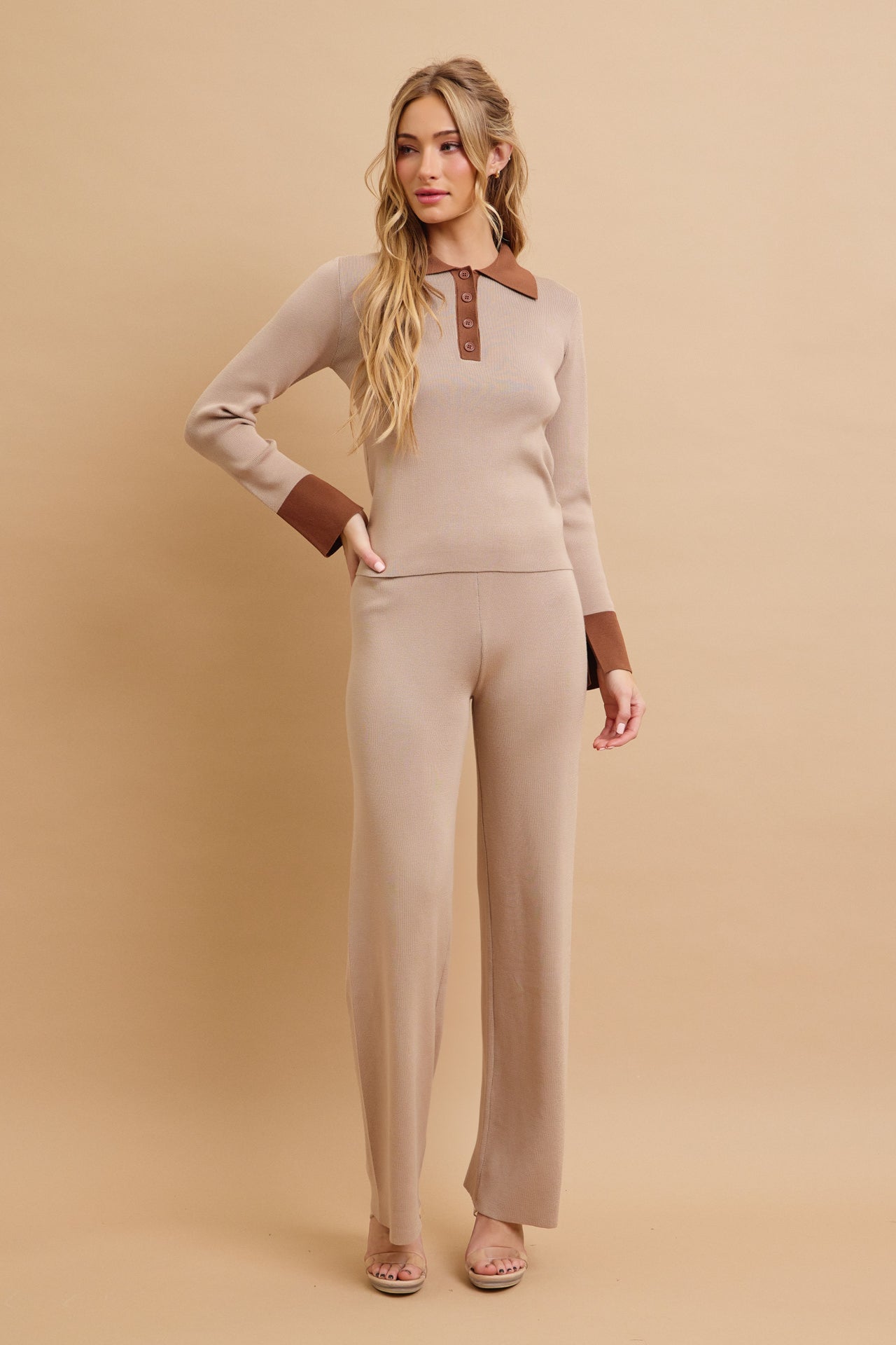 Classic Comfort Long Sleeve Top with Contrast and Pants Set