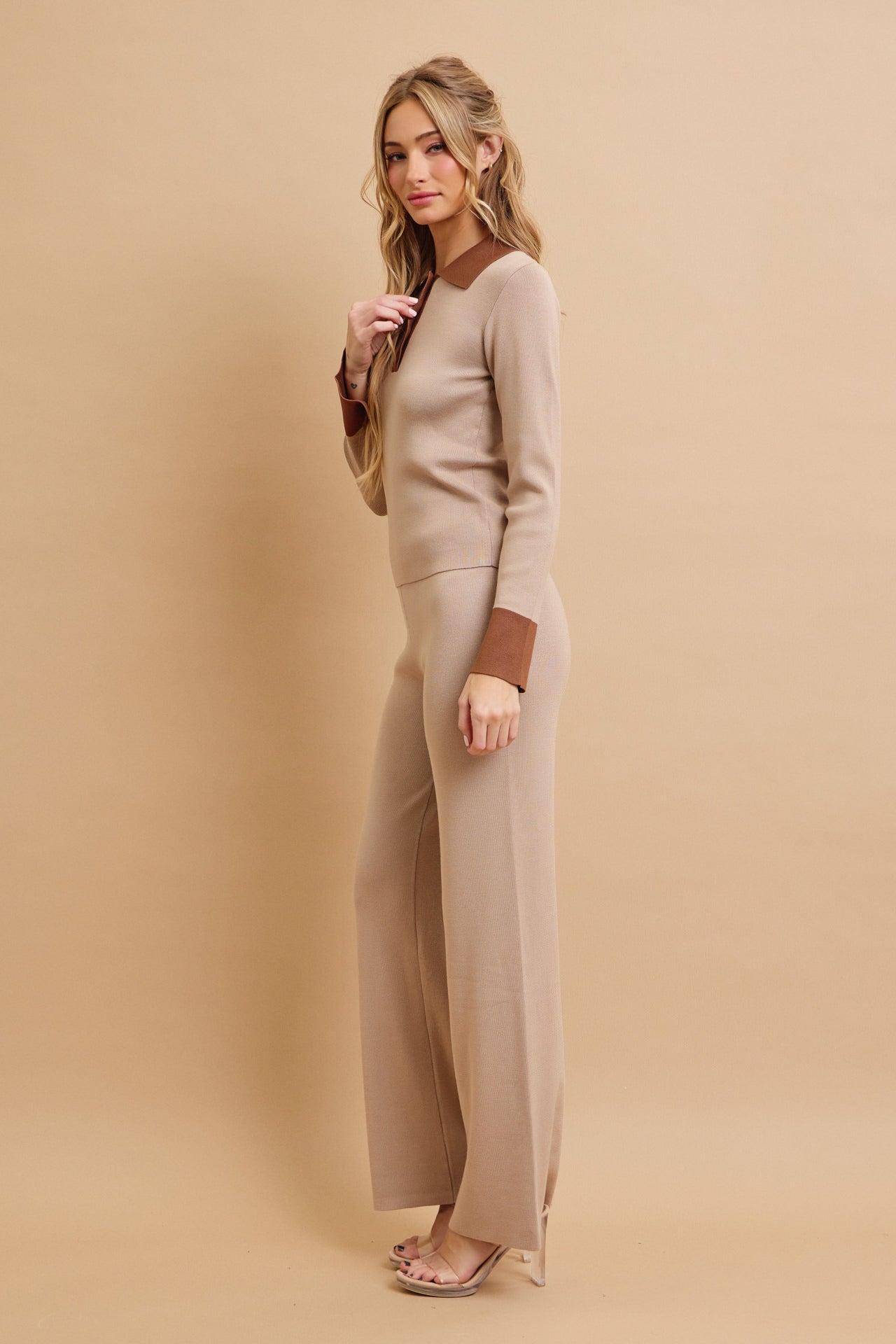 Classic Comfort Long Sleeve Top with Contrast and Pants Set