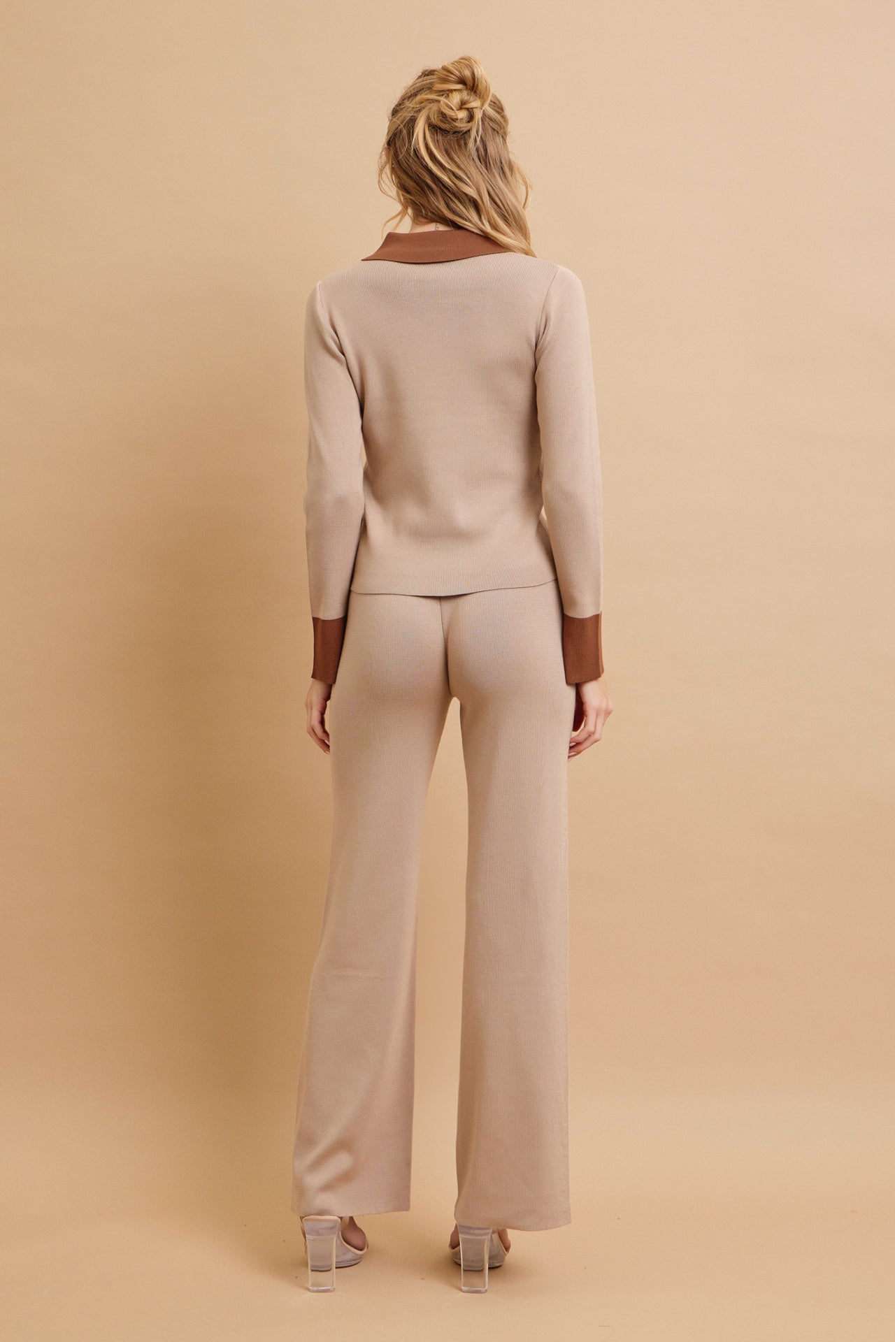 Classic Comfort Long Sleeve Top with Contrast and Pants Set