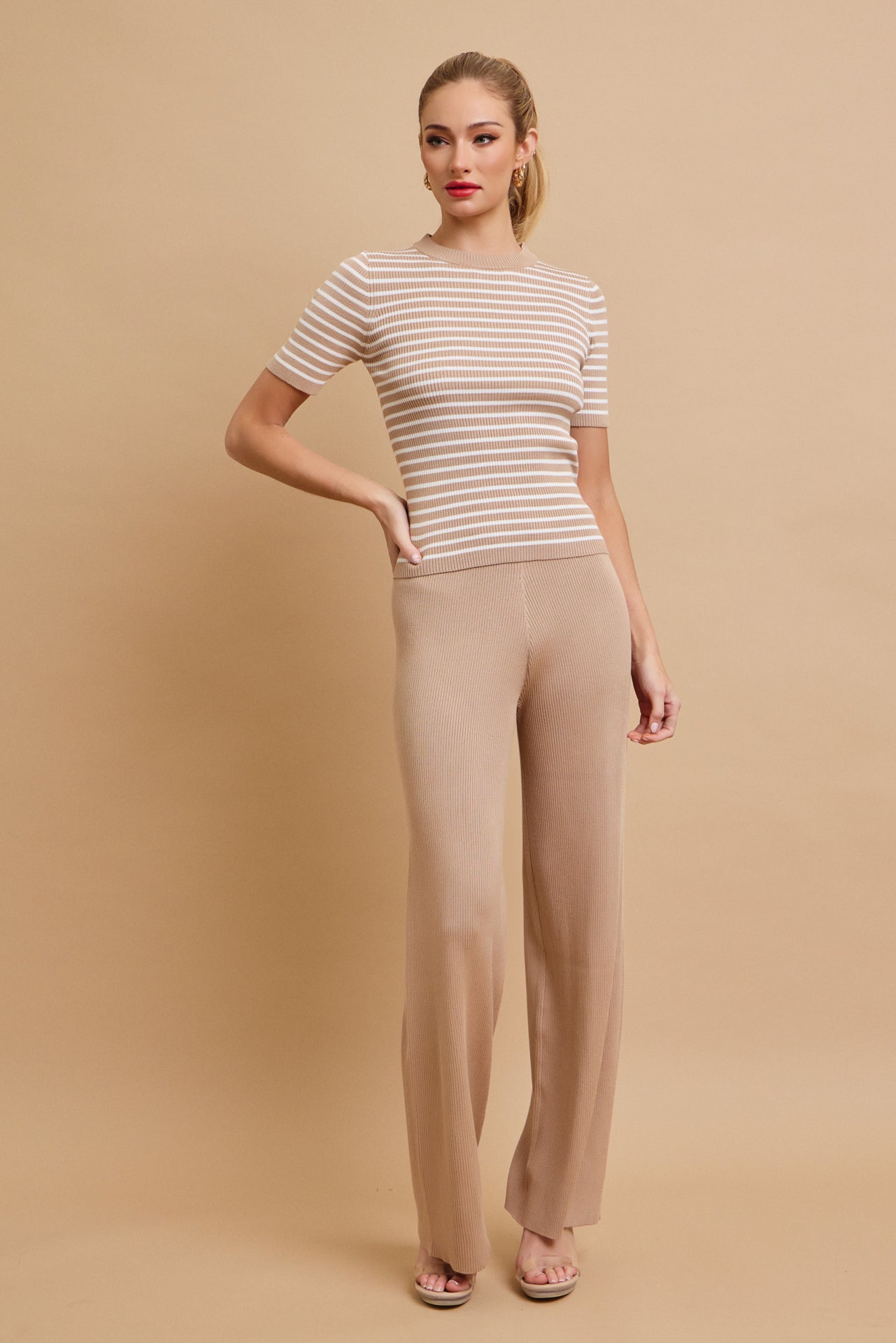 Marin Stripe Knit Short Sleeve Top and Solid Pants Set
