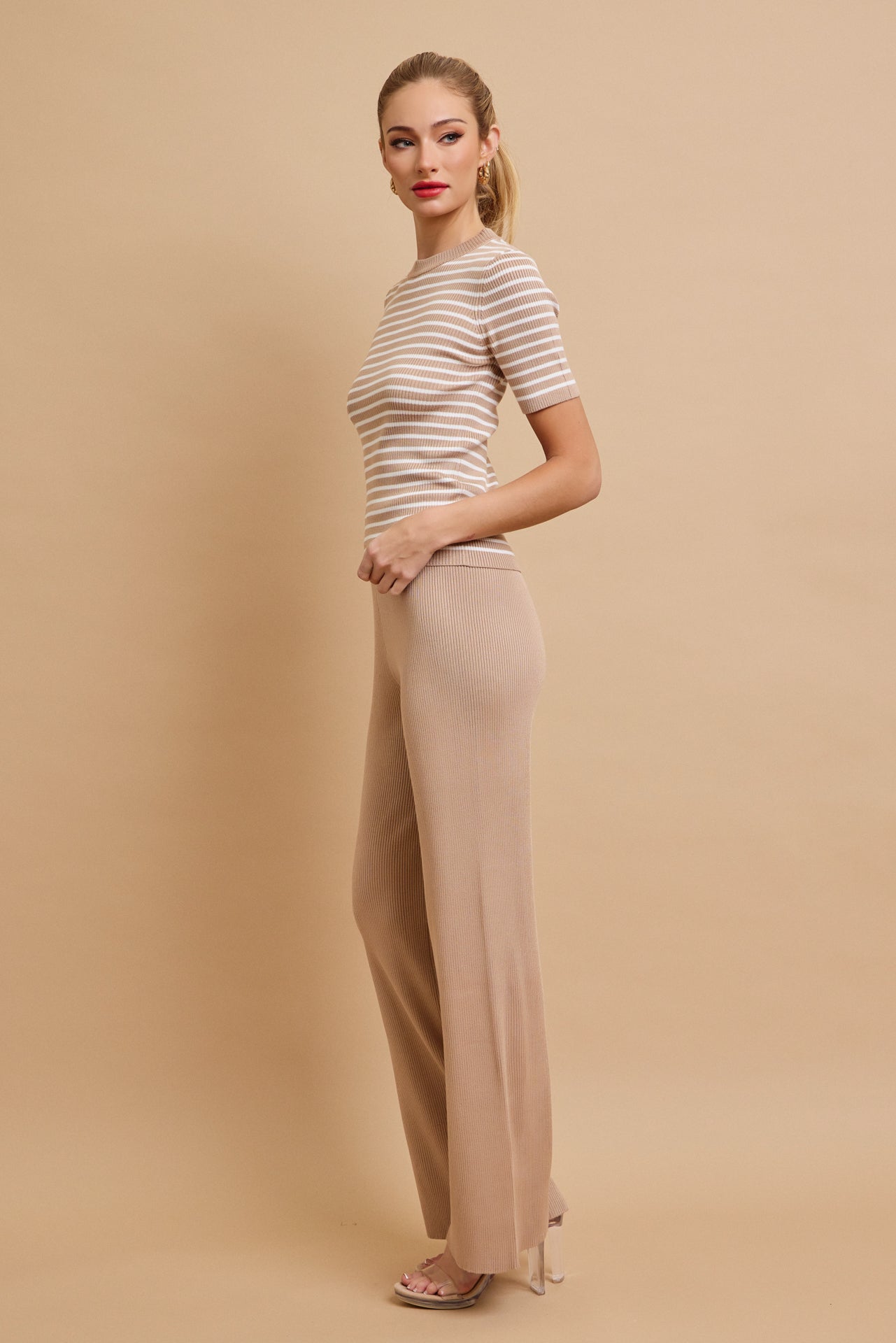 Marin Stripe Knit Short Sleeve Top and Solid Pants Set