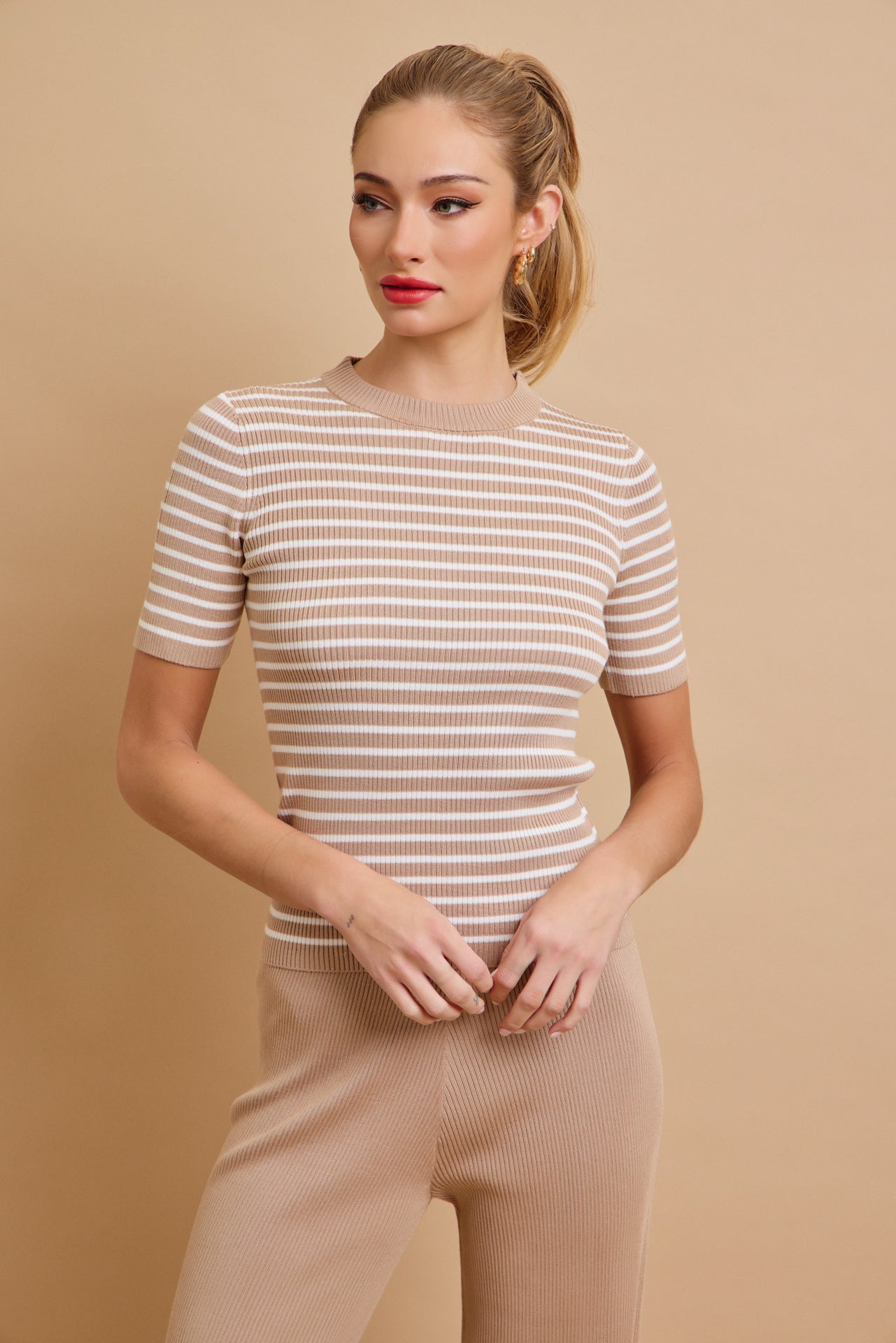 Marin Stripe Knit Short Sleeve Top and Solid Pants Set