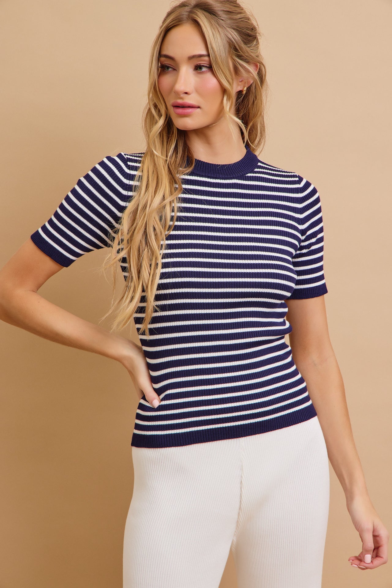 Marin Stripe Knit Short Sleeve Top and Solid Pants Set