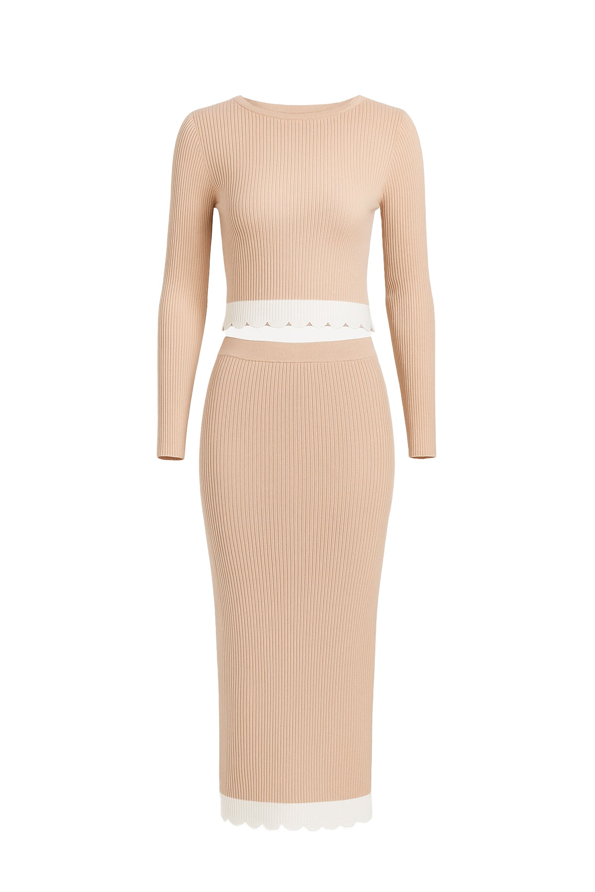 Kiora Knit Colorblock Scallop Hem Long Sleeve Top & Midi Skirt Set