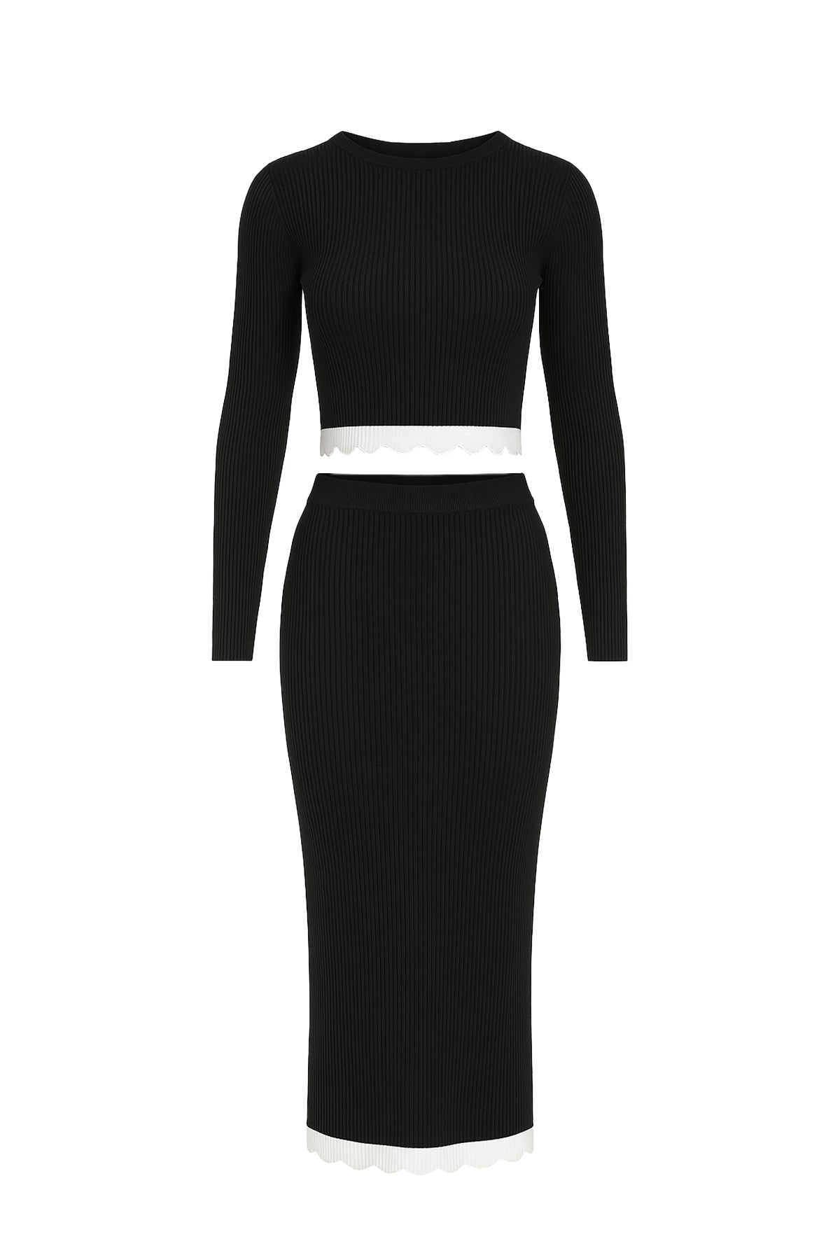 Kiora Knit Colorblock Scallop Hem Long Sleeve Top & Midi Skirt Set