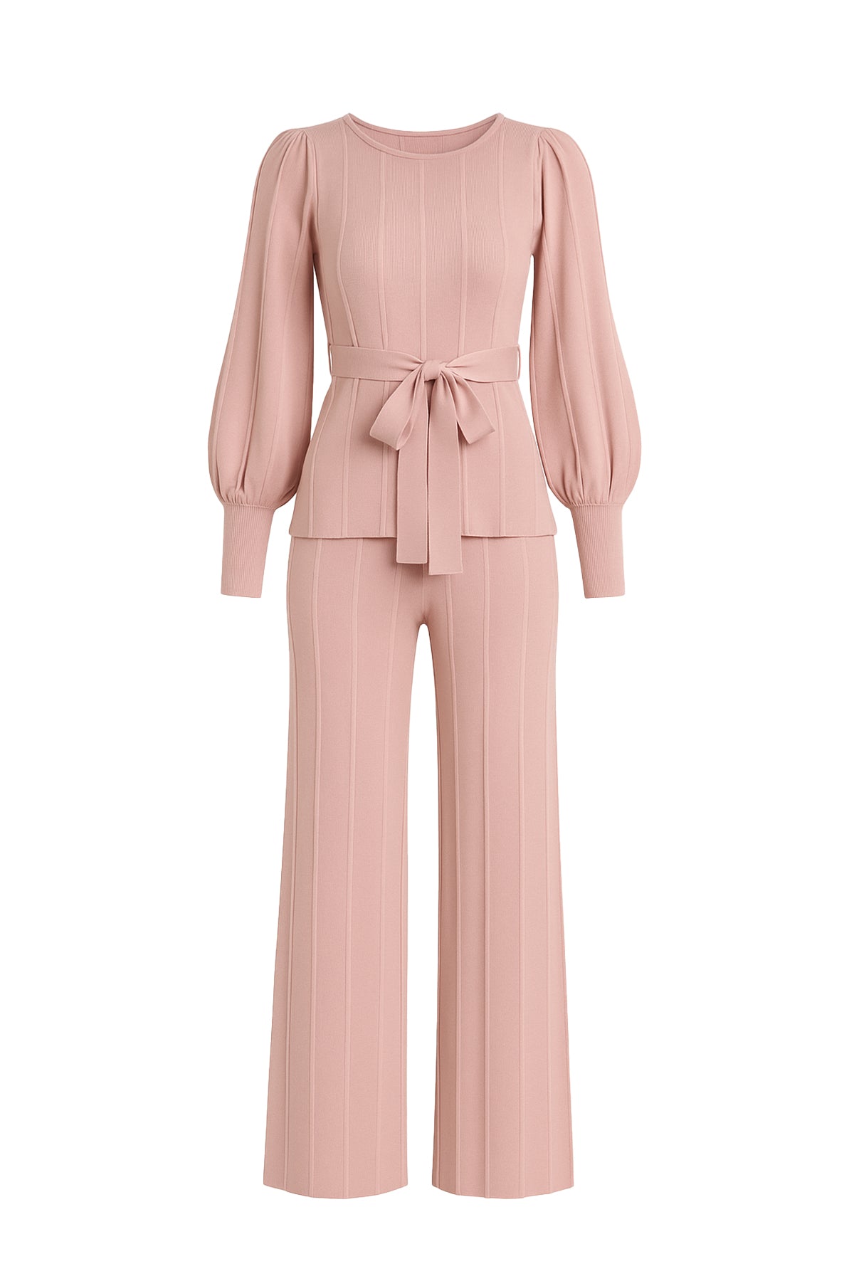 Knit Long Sleeve Top with Waist Tie and Pants Set