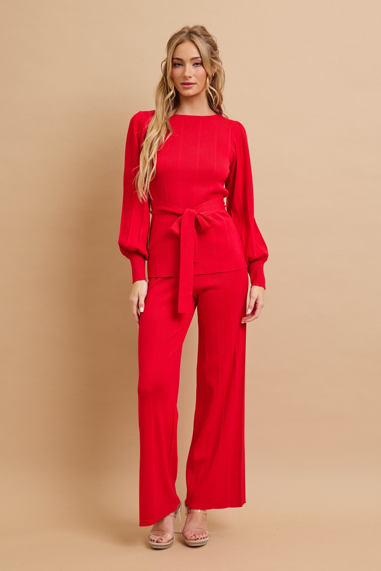 Knit Long Sleeve Top with Waist Tie and Pants Set