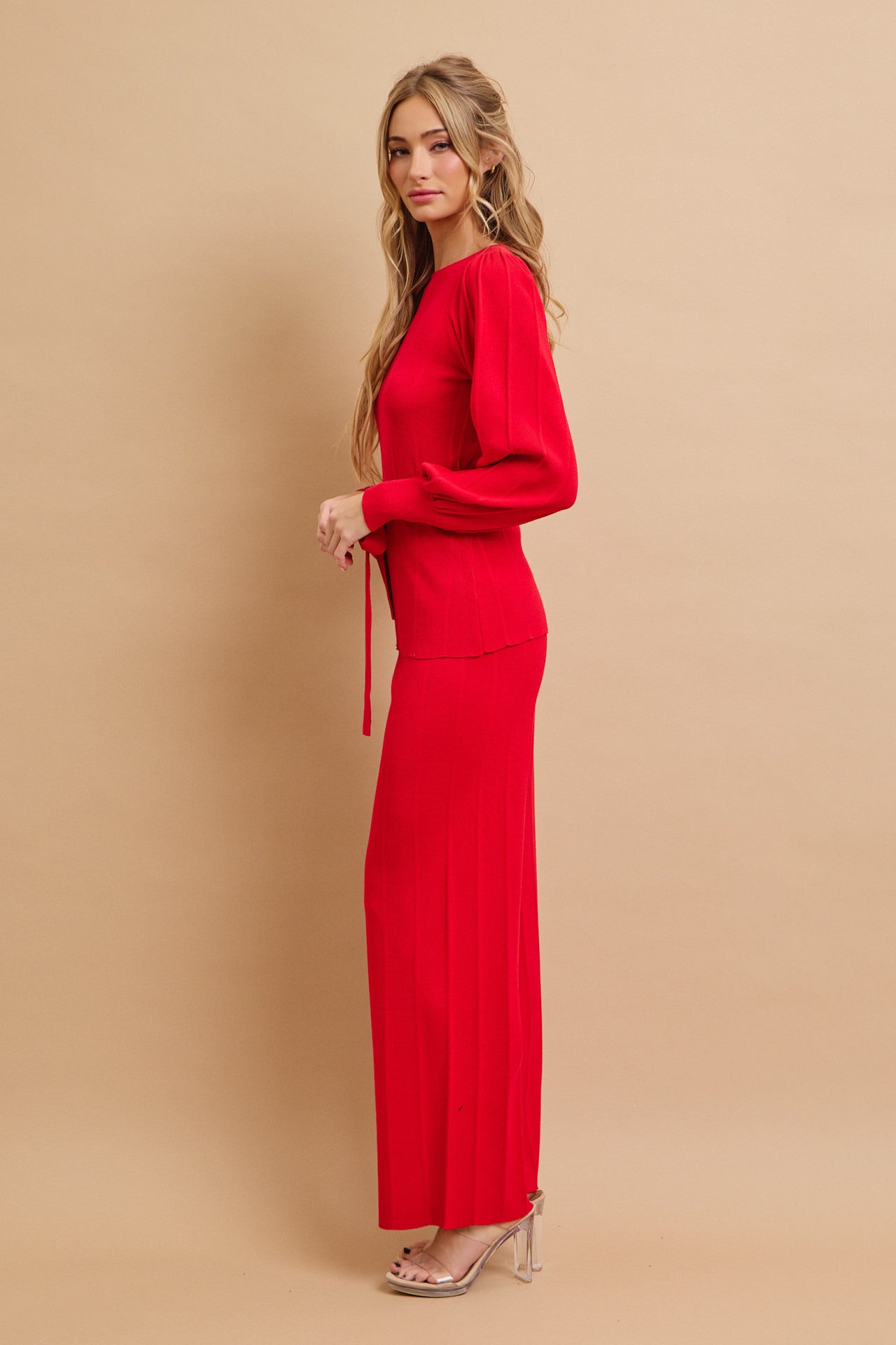 Knit Long Sleeve Top with Waist Tie and Pants Set