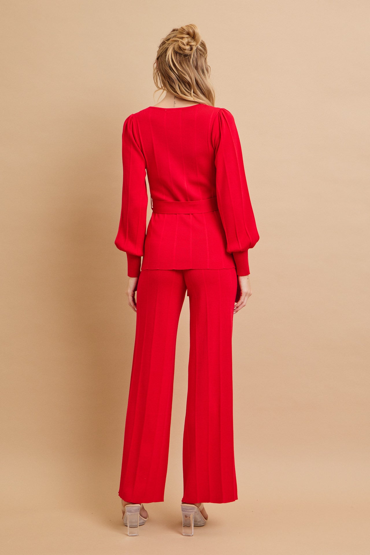 Knit Long Sleeve Top with Waist Tie and Pants Set