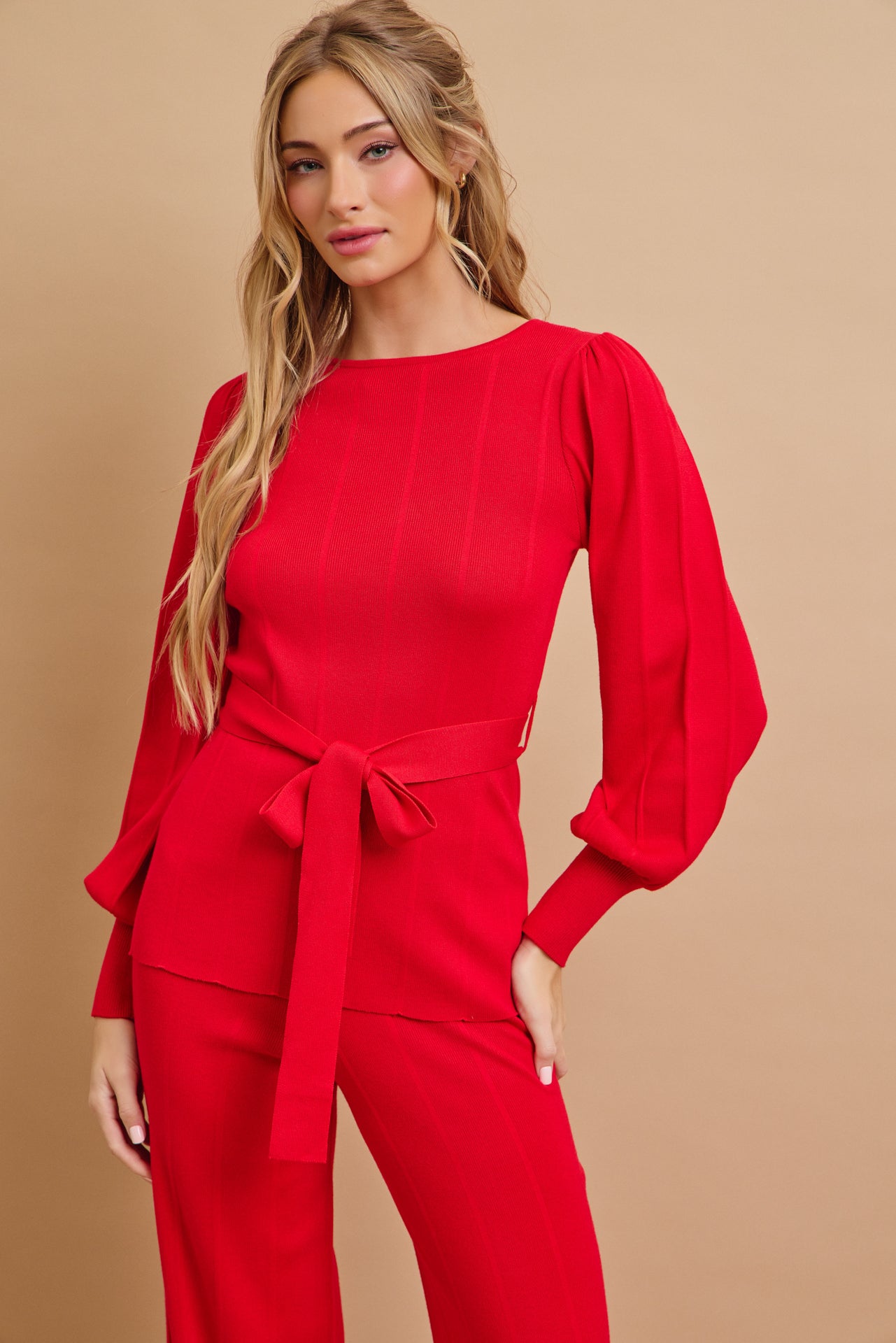 Knit Long Sleeve Top with Waist Tie and Pants Set