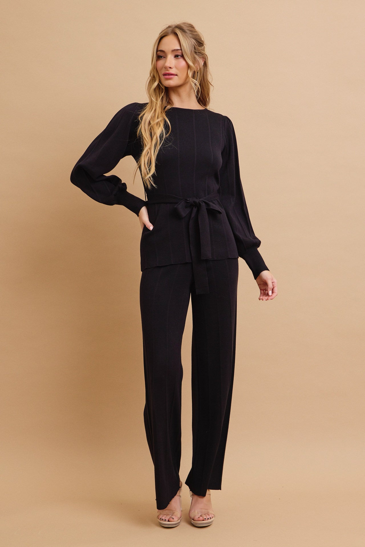 Knit Long Sleeve Top with Waist Tie and Pants Set