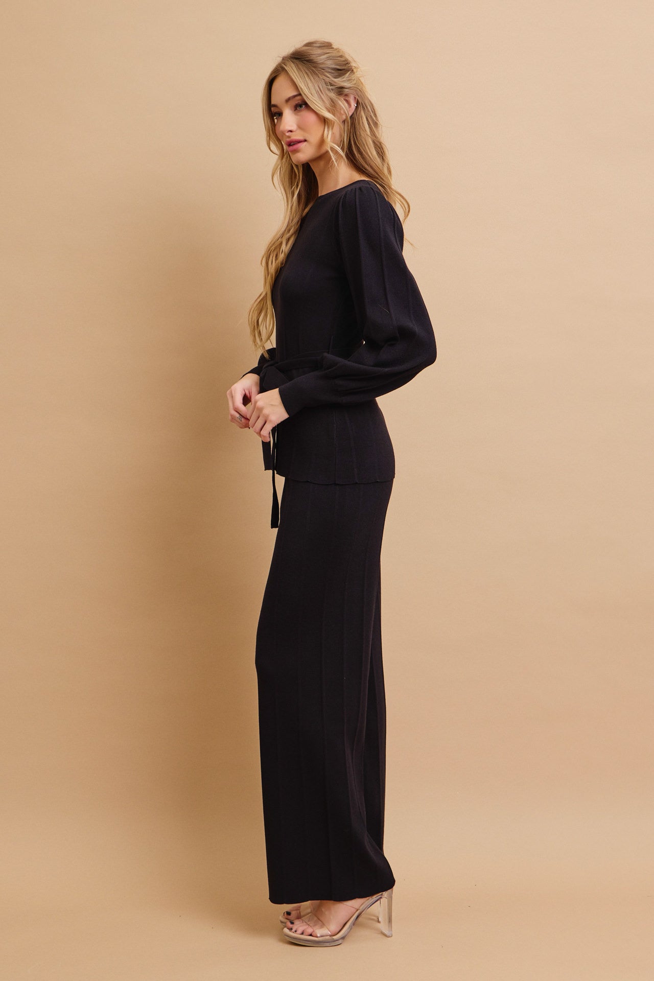 Knit Long Sleeve Top with Waist Tie and Pants Set