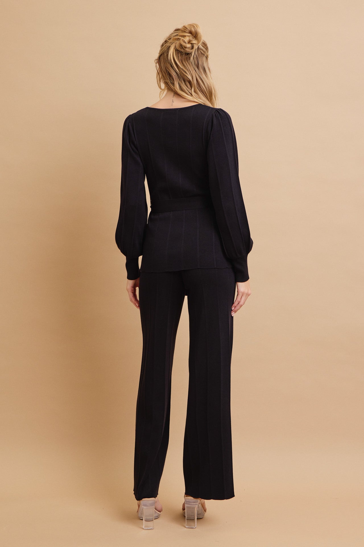 Knit Long Sleeve Top with Waist Tie and Pants Set