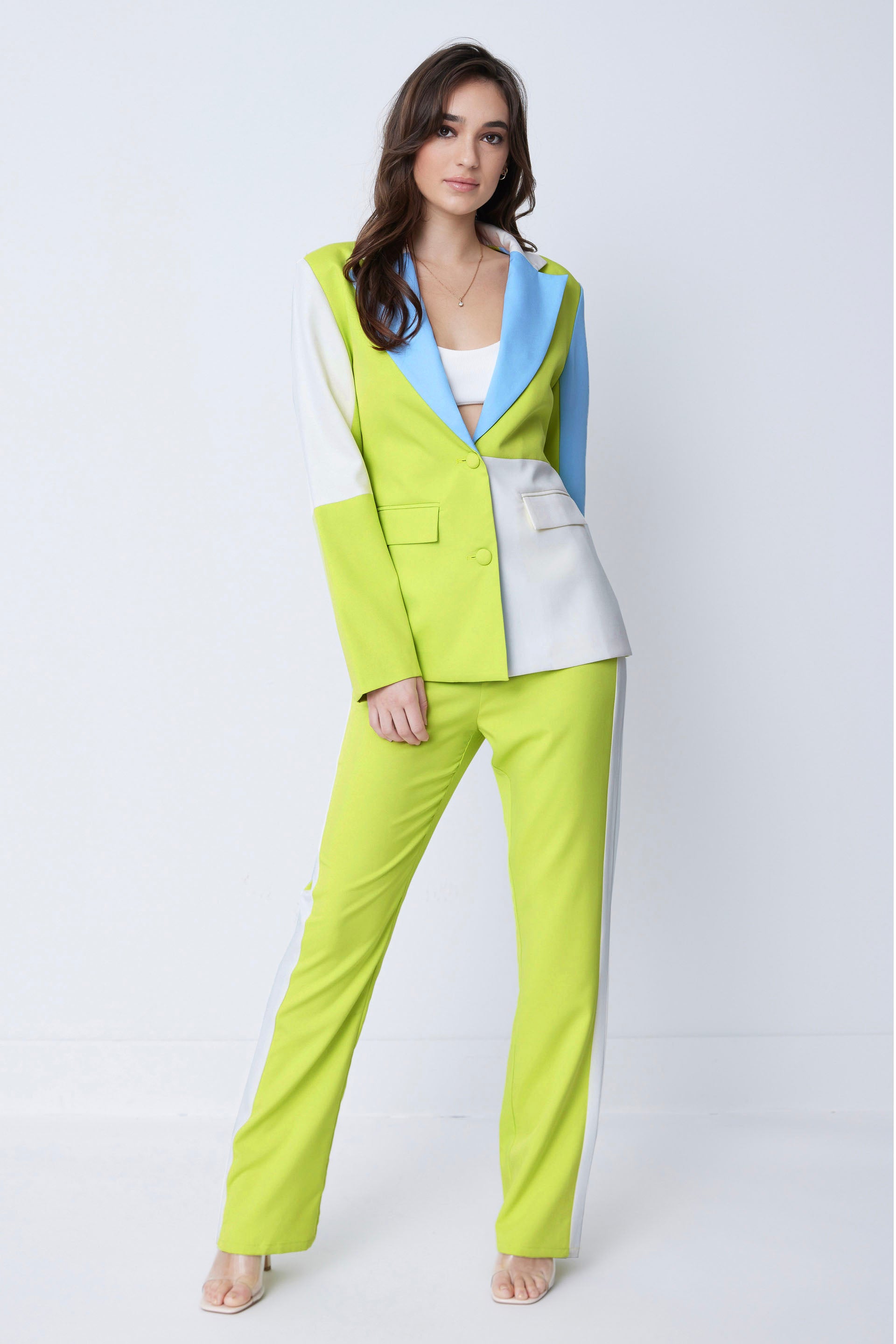 Color Block Lapel Blazer and Flare Leg Pants Set