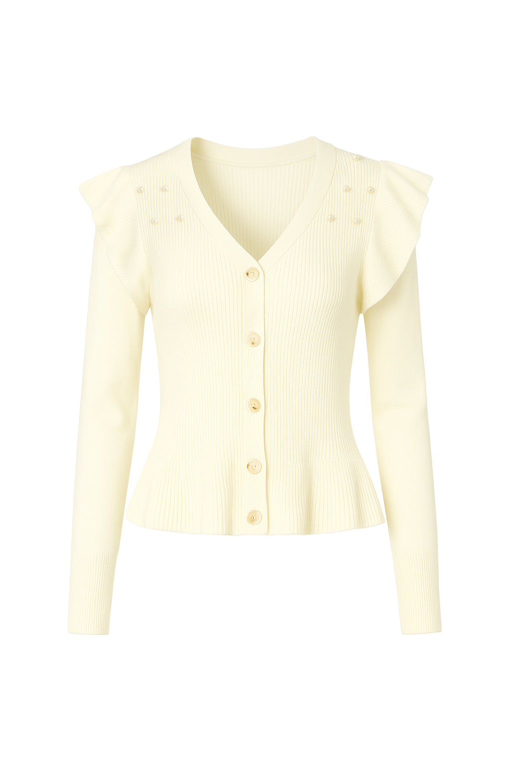 Ivory Pearl Embellished Cardigan with Ruffles