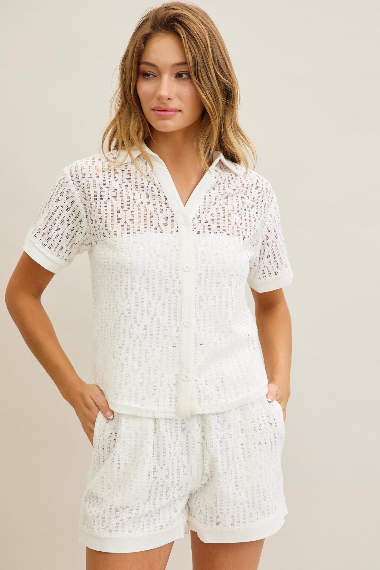 Elegant Ease Lace Shirt And Shorts Set
