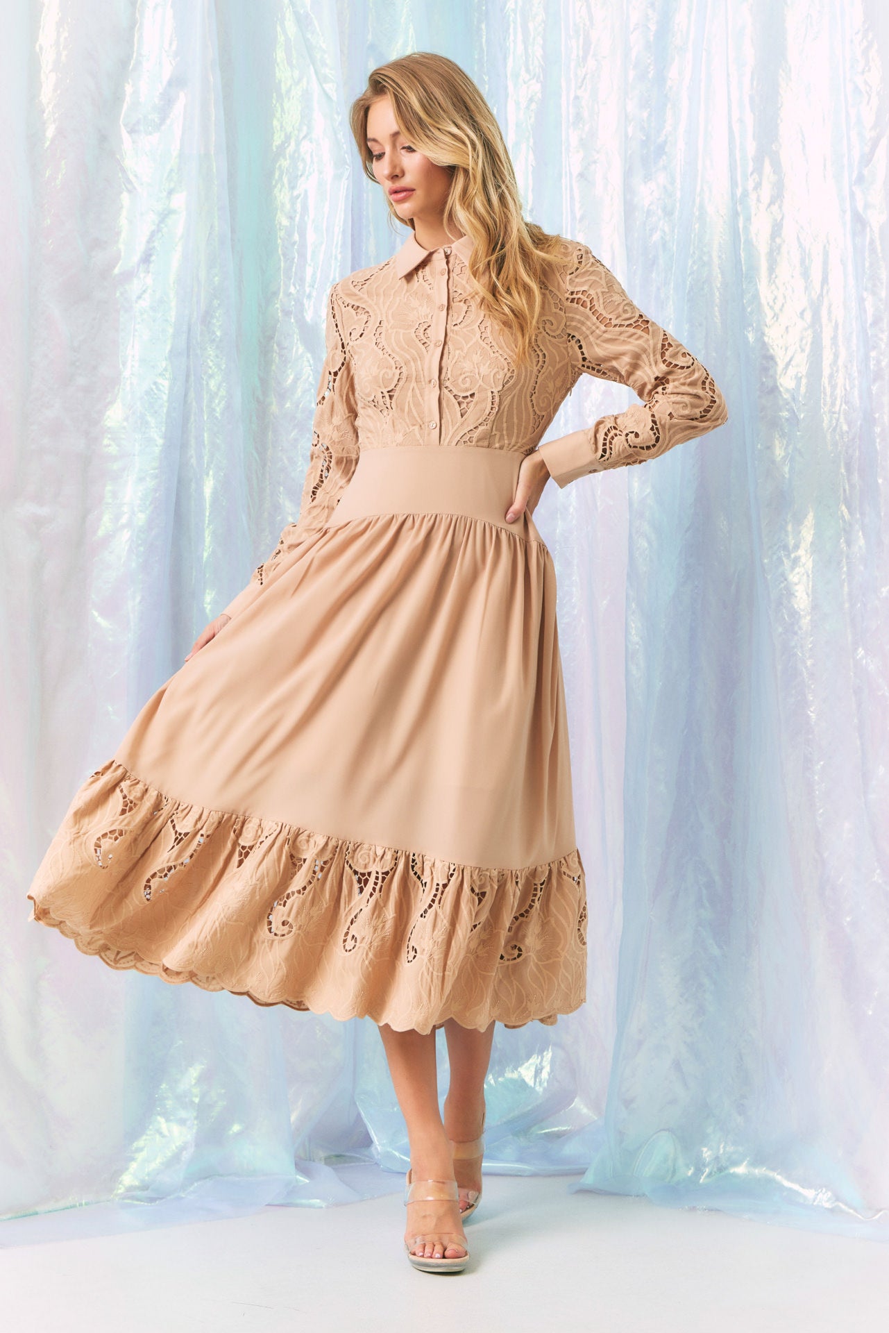 Woven Lace Tiered Shirt Dress